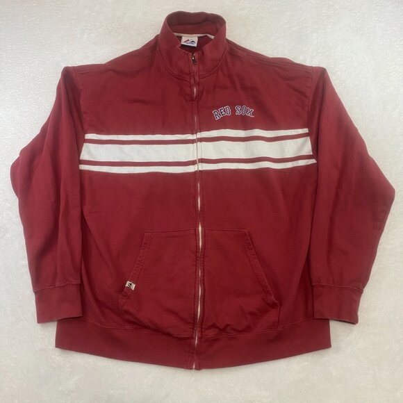 Majestic Baseball Boston Red Sox Striped Sweater Red Full Zip Up 2XL 100% Cotton - Picture 1 of 12